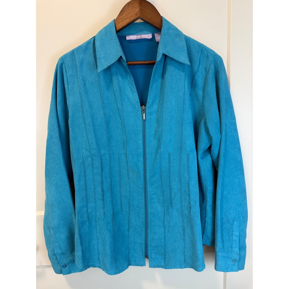 Harmony and Vine Turquoise Suede Look Zip Up Shirt Size Large Resort‎ Wear
